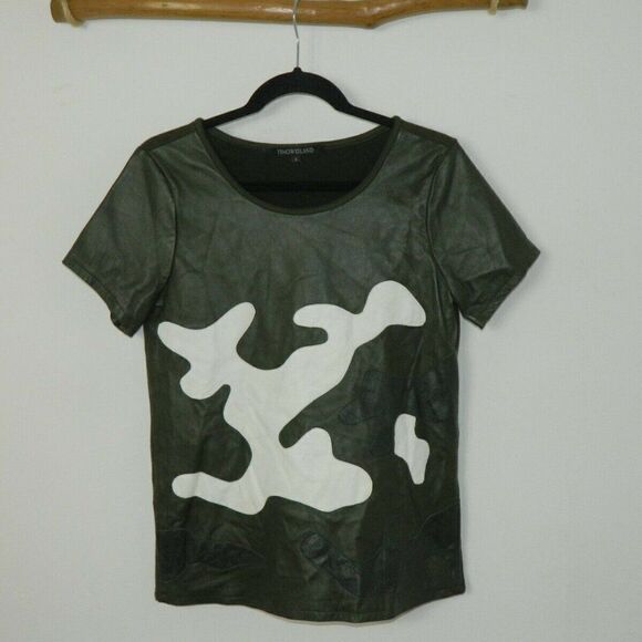 Timo‎ Weiland Top Women's Army Green Leather Abstract Camo Look Size 4 - Picture 3 of 7